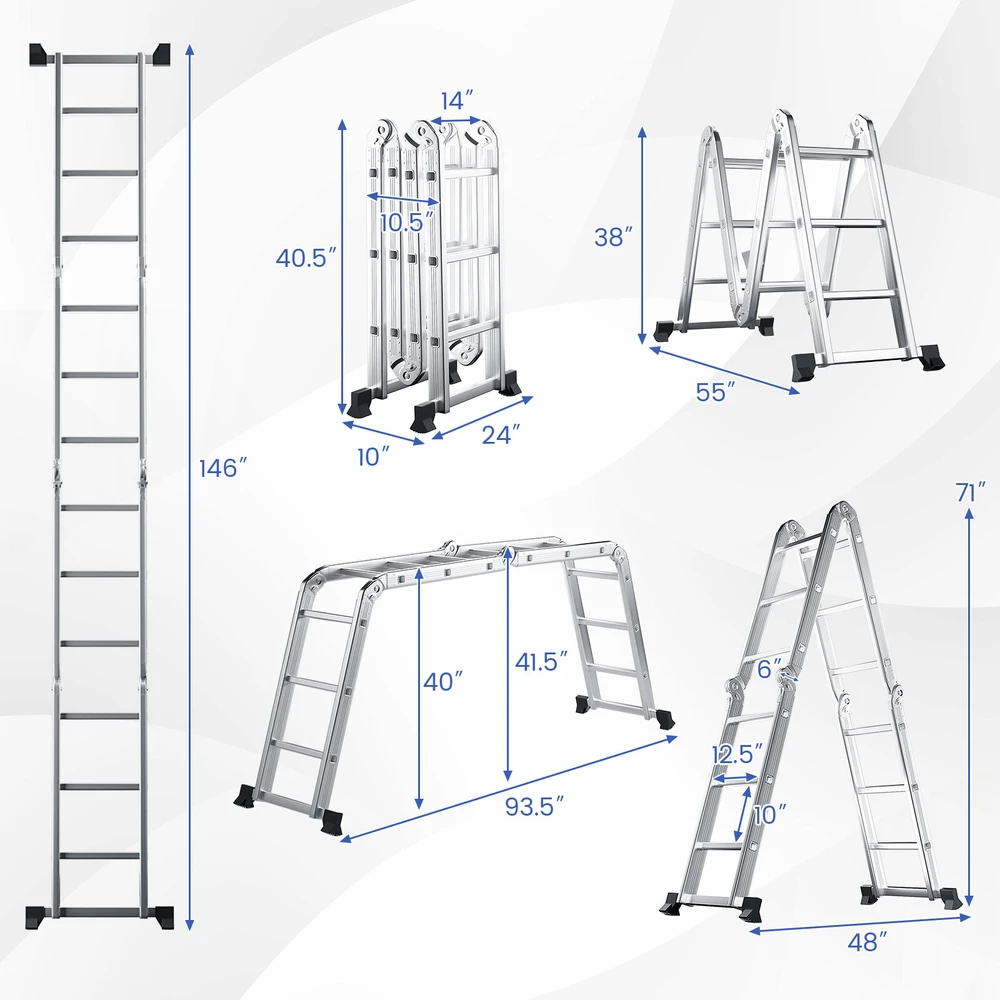 Promotion Sulankstomos aliuminio kopėčios 7-in-1 su neslystančiu laipteliu, sidabrinės, 61 x 15 x 371 cm