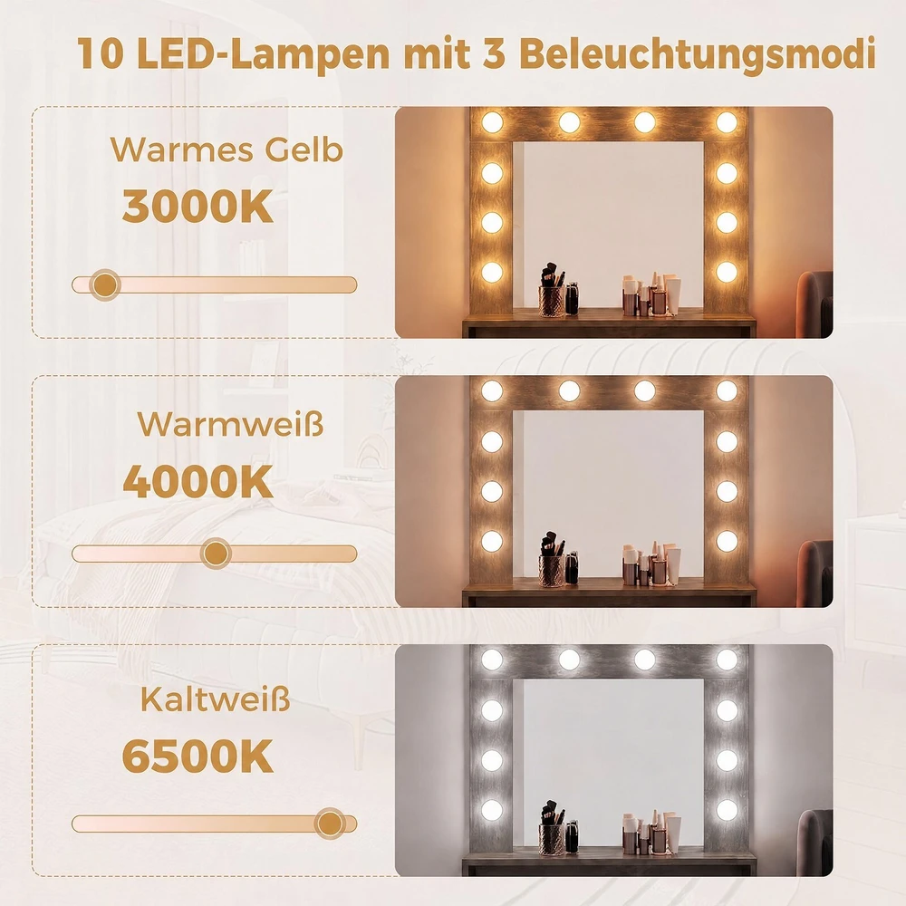 Promotion Tualetinis staliukas su LED apšvietimu ir veidrodžiu, reguliuojamas ryškumas, kaimiška ruda, 66 x 40 x 136 cm