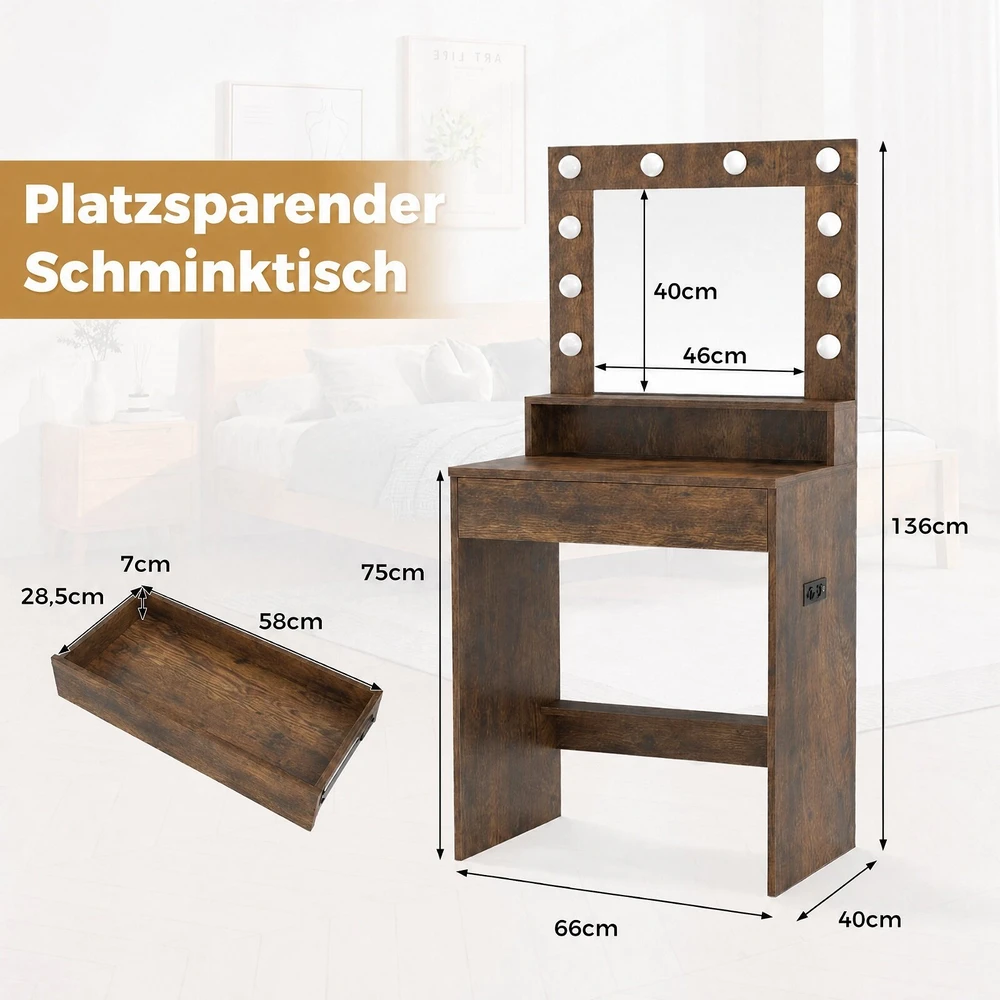 Promotion Tualetinis staliukas su LED apšvietimu ir veidrodžiu, reguliuojamas ryškumas, kaimiška ruda, 66 x 40 x 136 cm