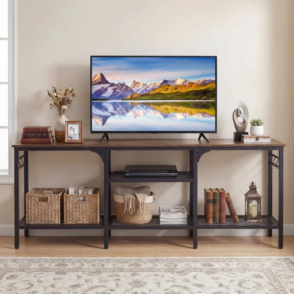 Promotion TV staliukas iki 165 cm televizoriams, metalinės tinklinės lentynos, 4 kabliukai, rusvai rudas