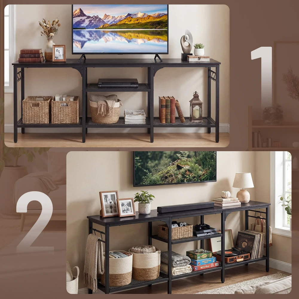 Promotion TV staliukas iki 165 cm televizoriams, su metalinėmis tinklinėmis lentynomis ir 4 kabliukais, ruda/juoda