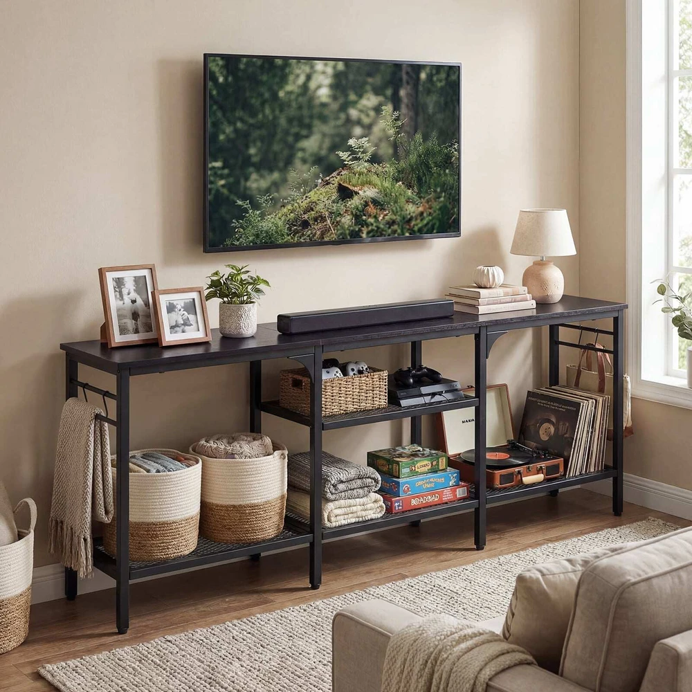 Promotion TV staliukas iki 165 cm televizoriams, su metalinėmis tinklinėmis lentynomis ir 4 kabliukais, ruda/juoda