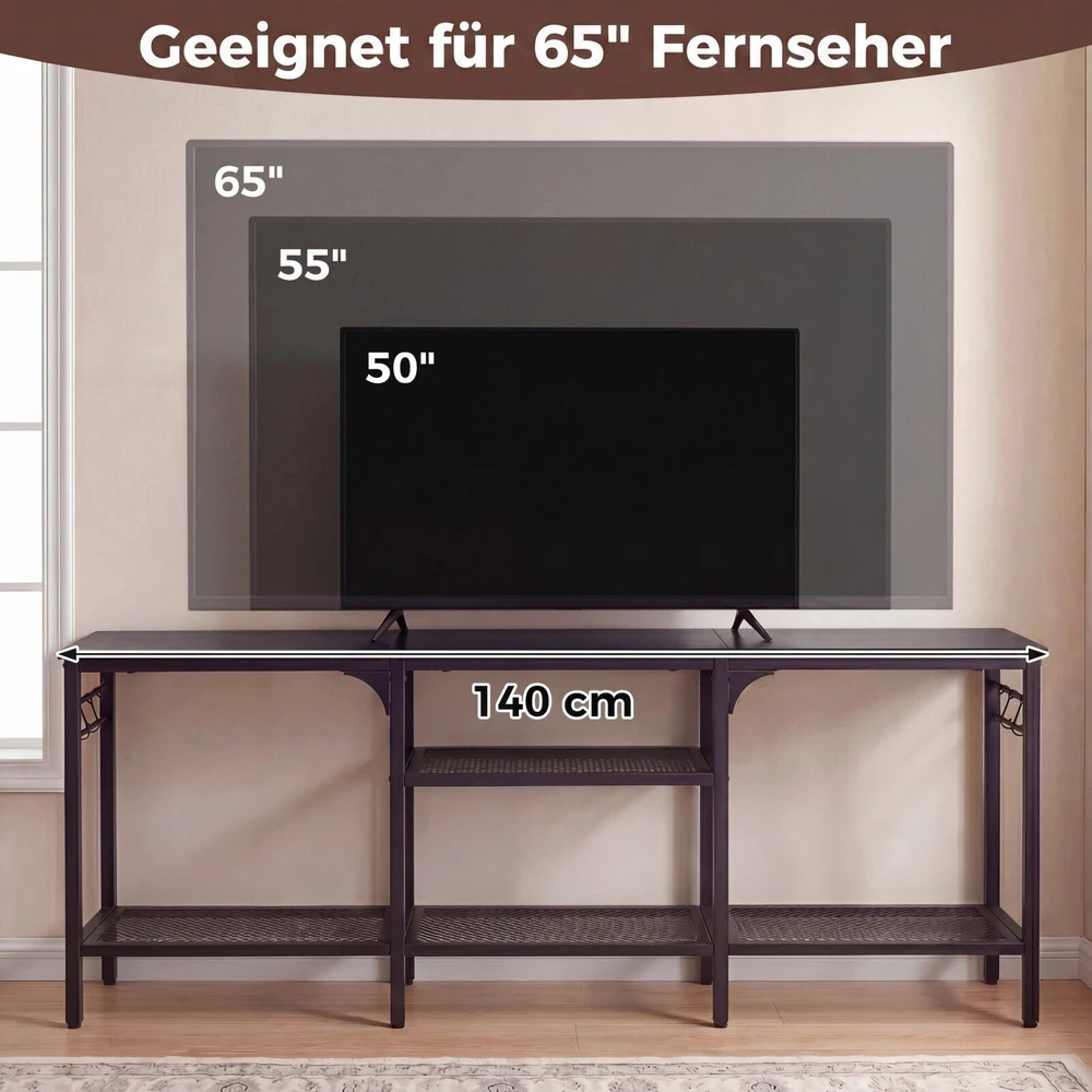Promotion TV staliukas iki 165 cm televizoriams, su metalinėmis tinklinėmis lentynomis ir 4 kabliukais, ruda/juoda
