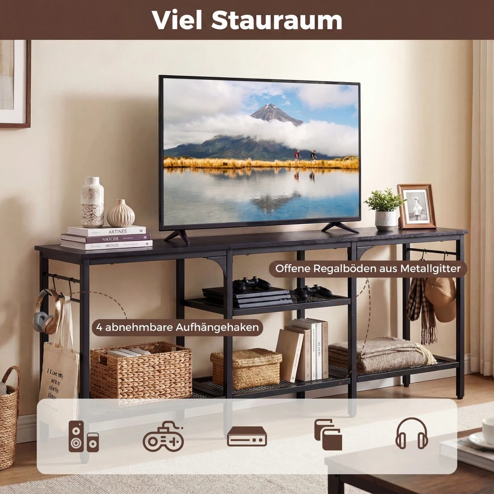 Promotion TV staliukas iki 165 cm televizoriams, su metalinėmis tinklinėmis lentynomis ir 4 kabliukais, ruda/juoda