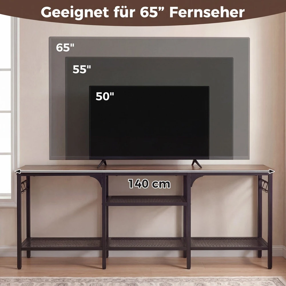 Promotion TV staliukas iki 165 cm televizoriams, metalinės tinklinės lentynos, 4 kabliukai, rusvai rudas