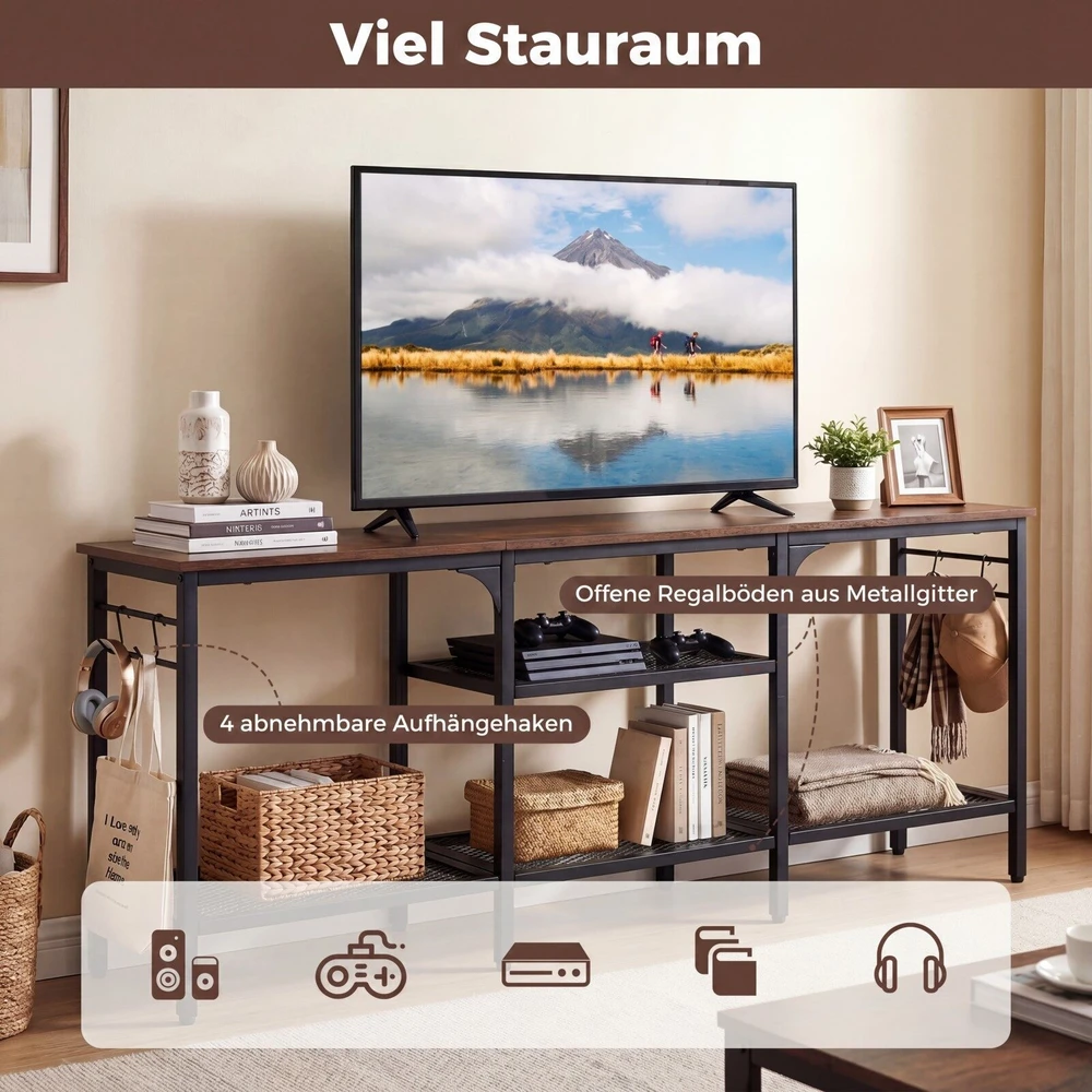 Promotion TV staliukas iki 165 cm televizoriams, metalinės tinklinės lentynos, 4 kabliukai, rusvai rudas
