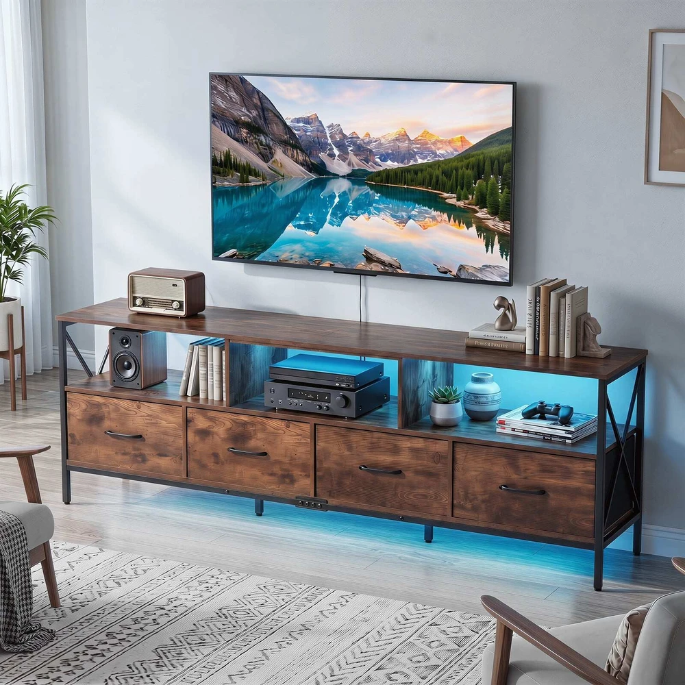 Promotion TV staliukas su LED apšvietimu, 4 medžiaginiai stalčiai, rusvai rudas/juodas, 180 x 40 x 63 cm