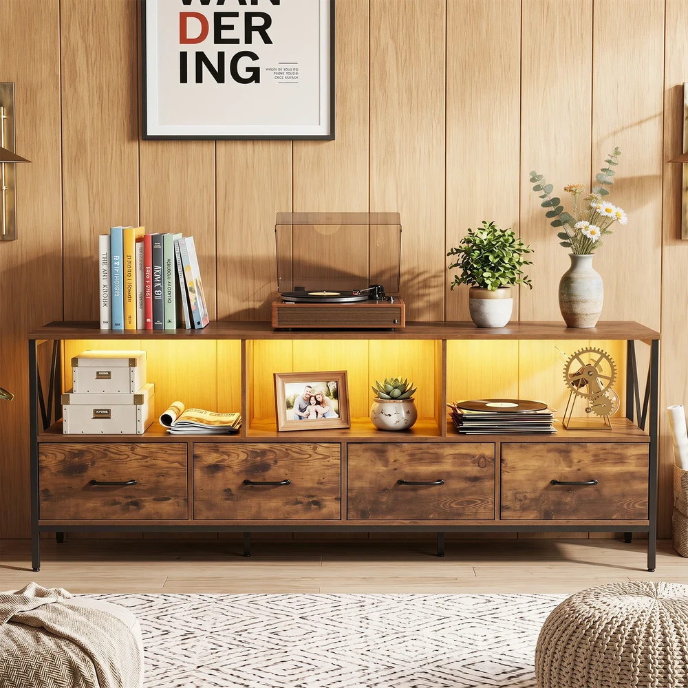 Promotion TV staliukas su LED apšvietimu, 4 medžiaginiai stalčiai, rusvai rudas/juodas, 180 x 40 x 63 cm