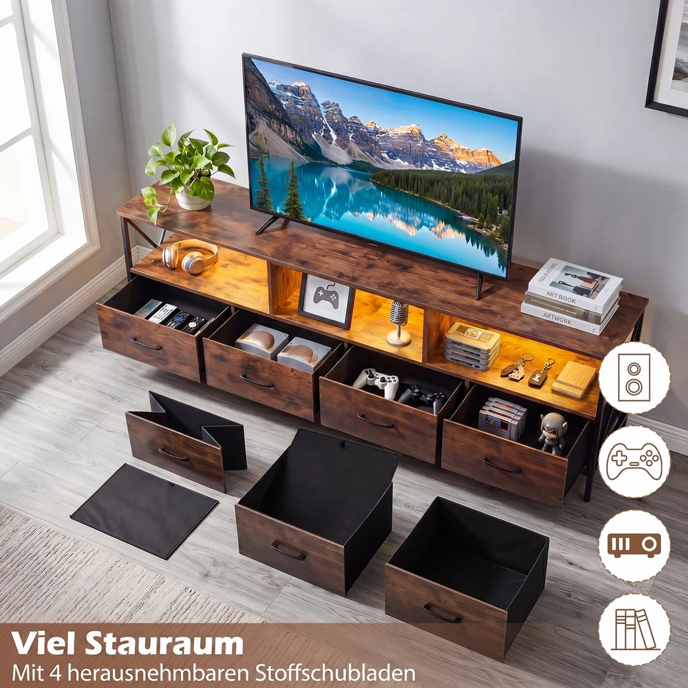 Promotion TV staliukas su LED apšvietimu, 4 medžiaginiai stalčiai, rusvai rudas/juodas, 180 x 40 x 63 cm