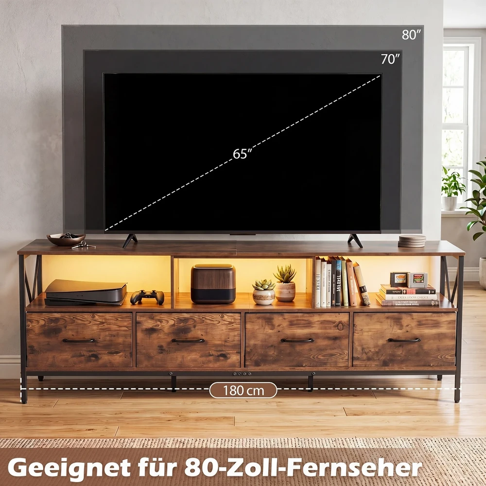 Promotion TV staliukas su LED apšvietimu, 4 medžiaginiai stalčiai, rusvai rudas/juodas, 180 x 40 x 63 cm