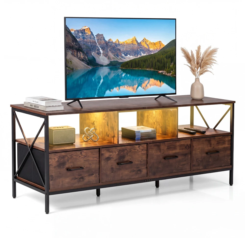 Promotion TV staliukas su LED apšvietimu, 4 medžiaginiai stalčiai, rusvai rudas/juodas, 180 x 40 x 63 cm