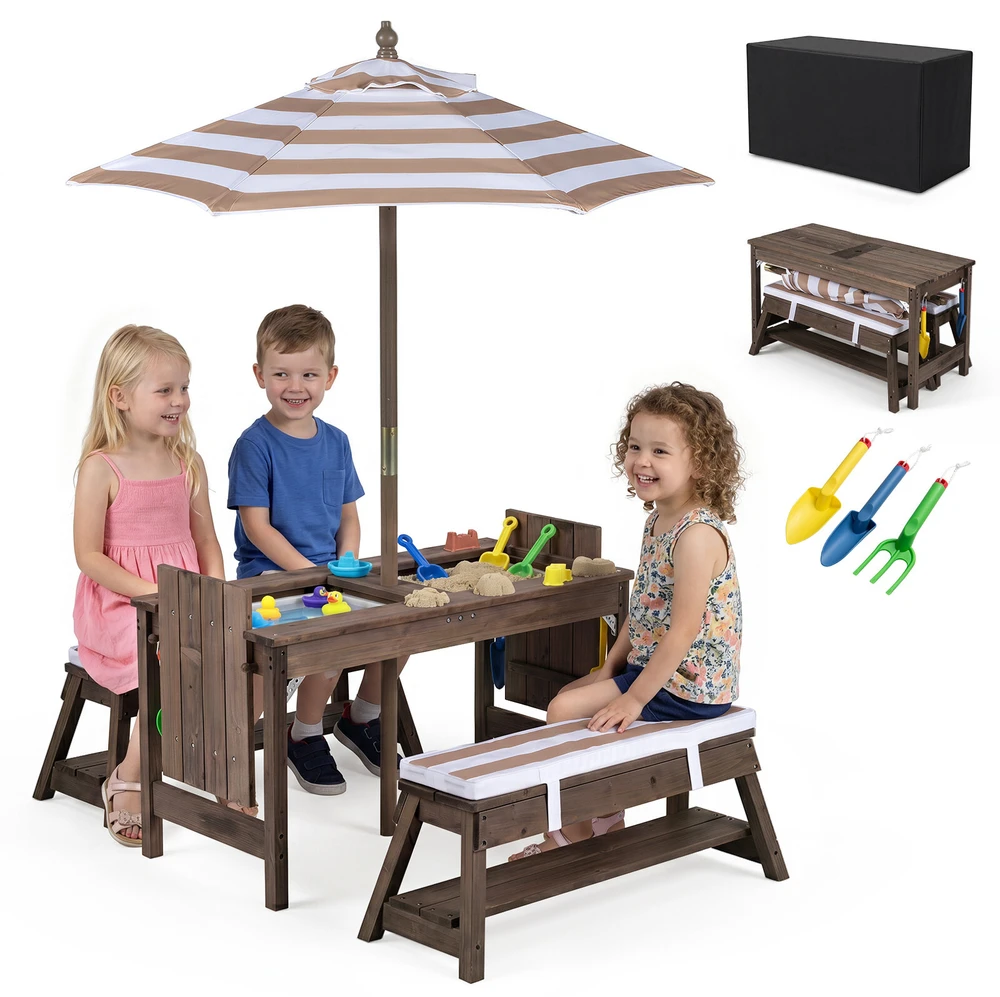Promotion Vaikiškas lauko iškylų stalo ir suolų rinkinys su skėčiu, rudas, 89 x 44 x 51 cm