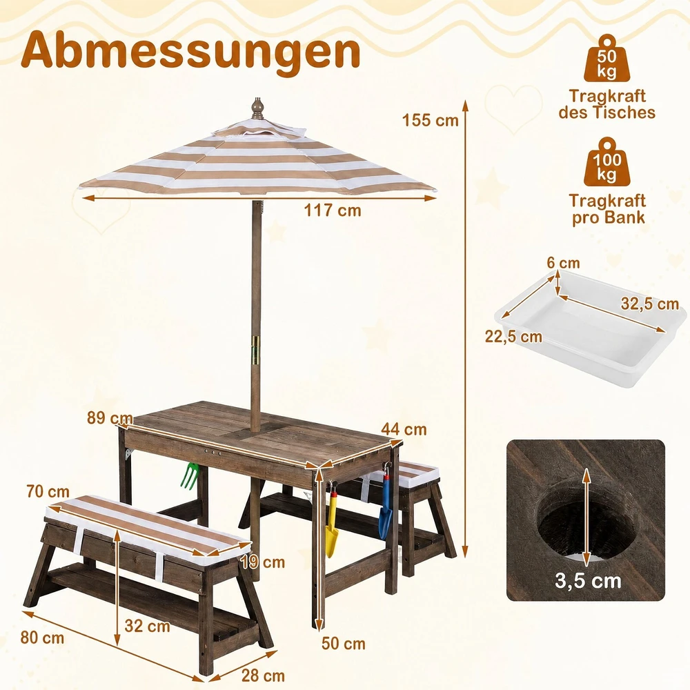 Promotion Vaikiškas lauko iškylų stalo ir suolų rinkinys su skėčiu, rudas, 89 x 44 x 51 cm