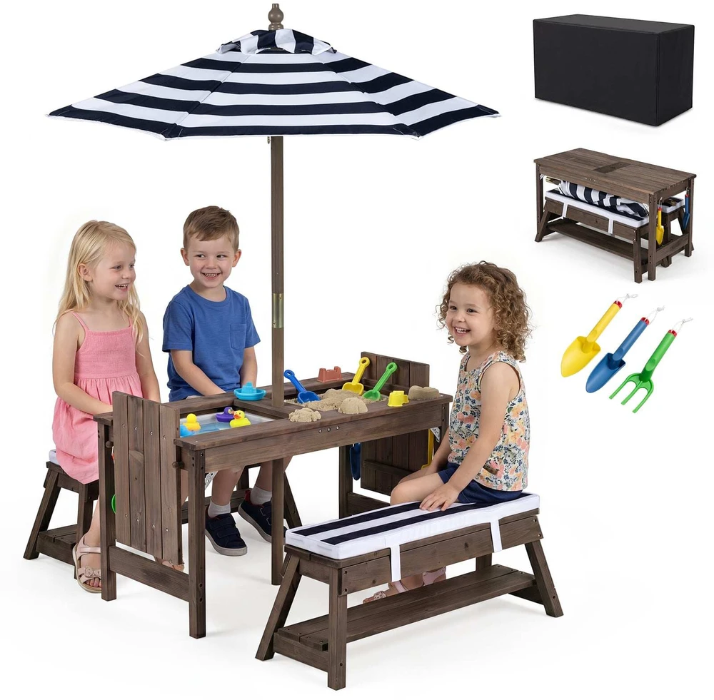Promotion Vaikiškas medinis iškylų stalo ir suolų rinkinys su skėčiu, mėlynas, 89 x 44 x 51 cm