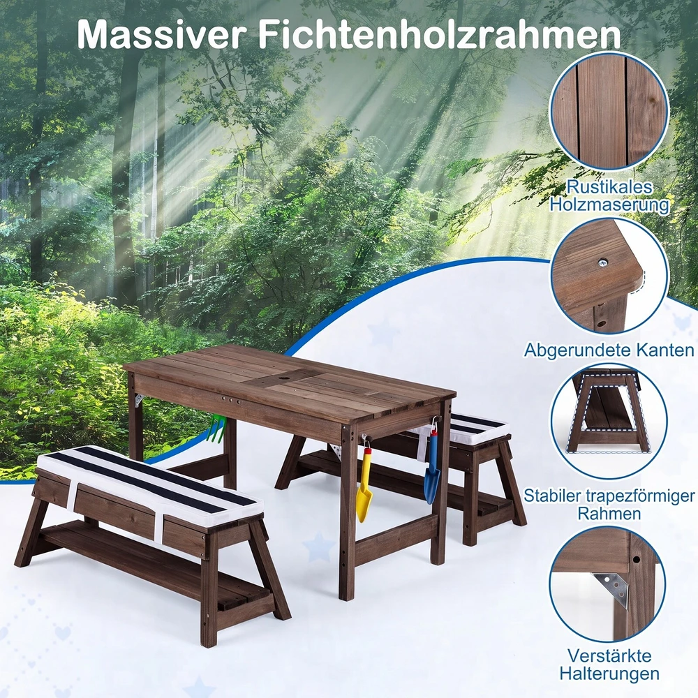 Promotion Vaikiškas medinis iškylų stalo ir suolų rinkinys su skėčiu, mėlynas, 89 x 44 x 51 cm