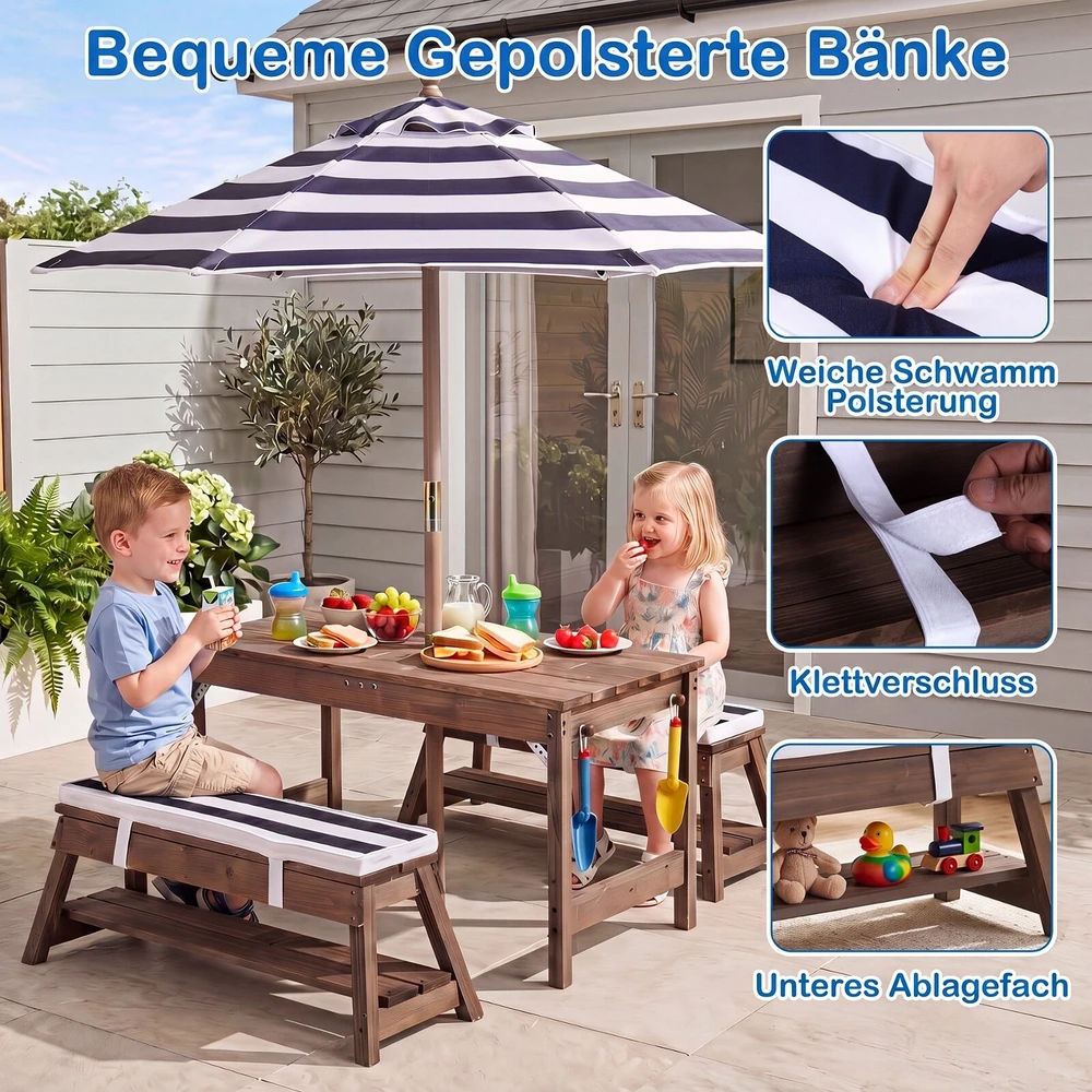 Promotion Vaikiškas medinis iškylų stalo ir suolų rinkinys su skėčiu, mėlynas, 89 x 44 x 51 cm