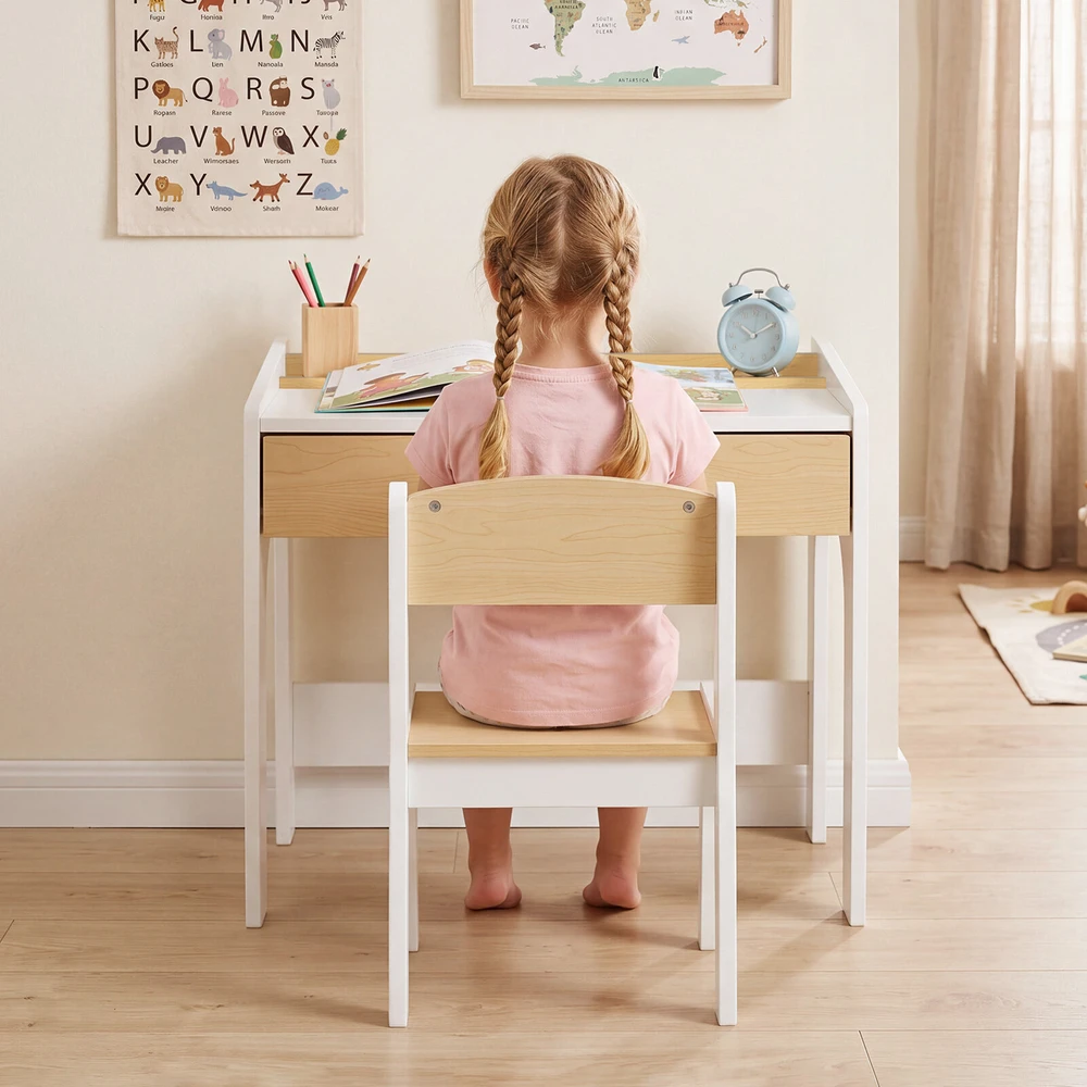 Promotion Vaikiškas stalo ir kėdės komplektas, medienos atspalvio ir balta, medienos plokštė