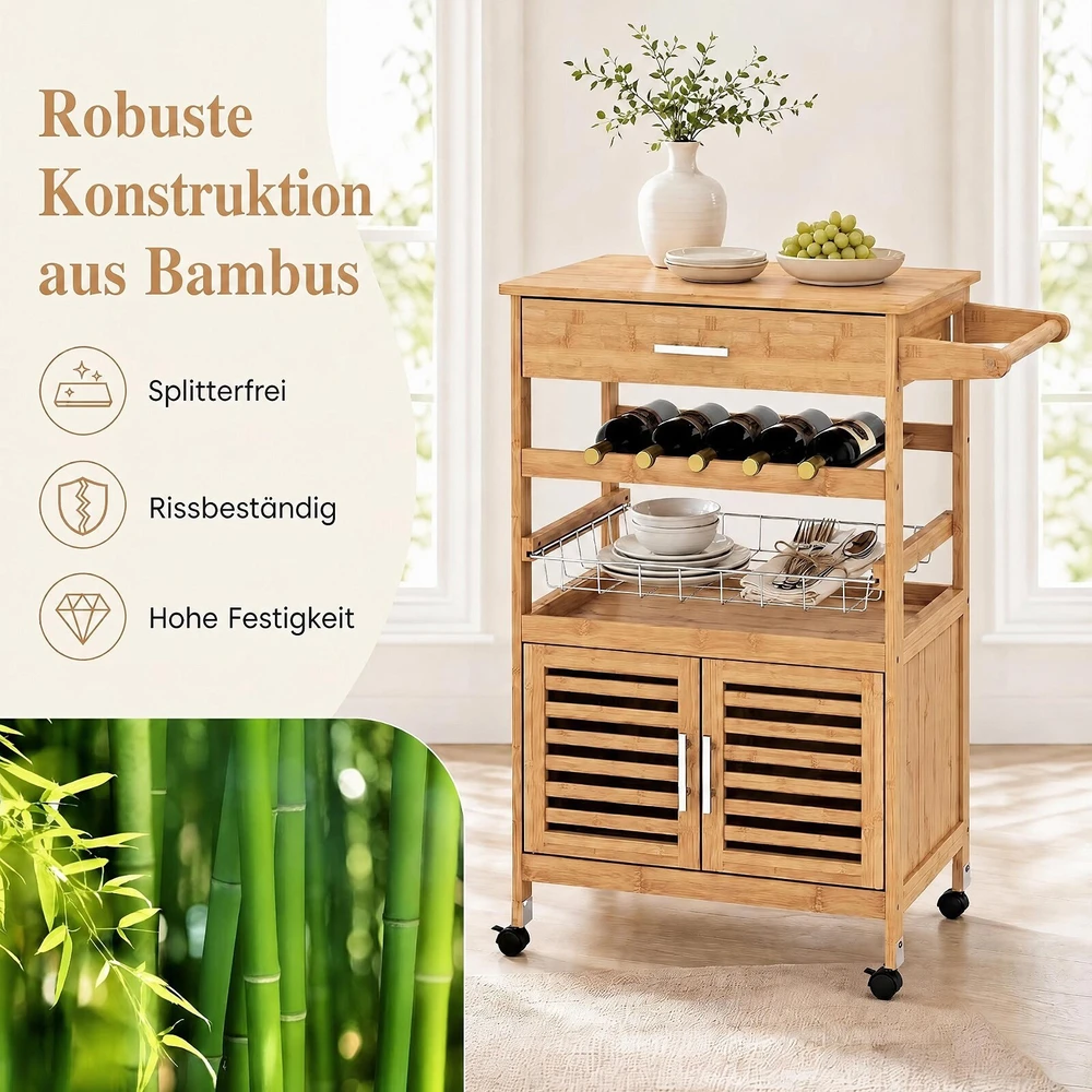 Promotion Virtuvės salelė su ratukais, bambukas ir mediena, medienos atspalvio, 68,6 x 36,8 x 88,9 cm