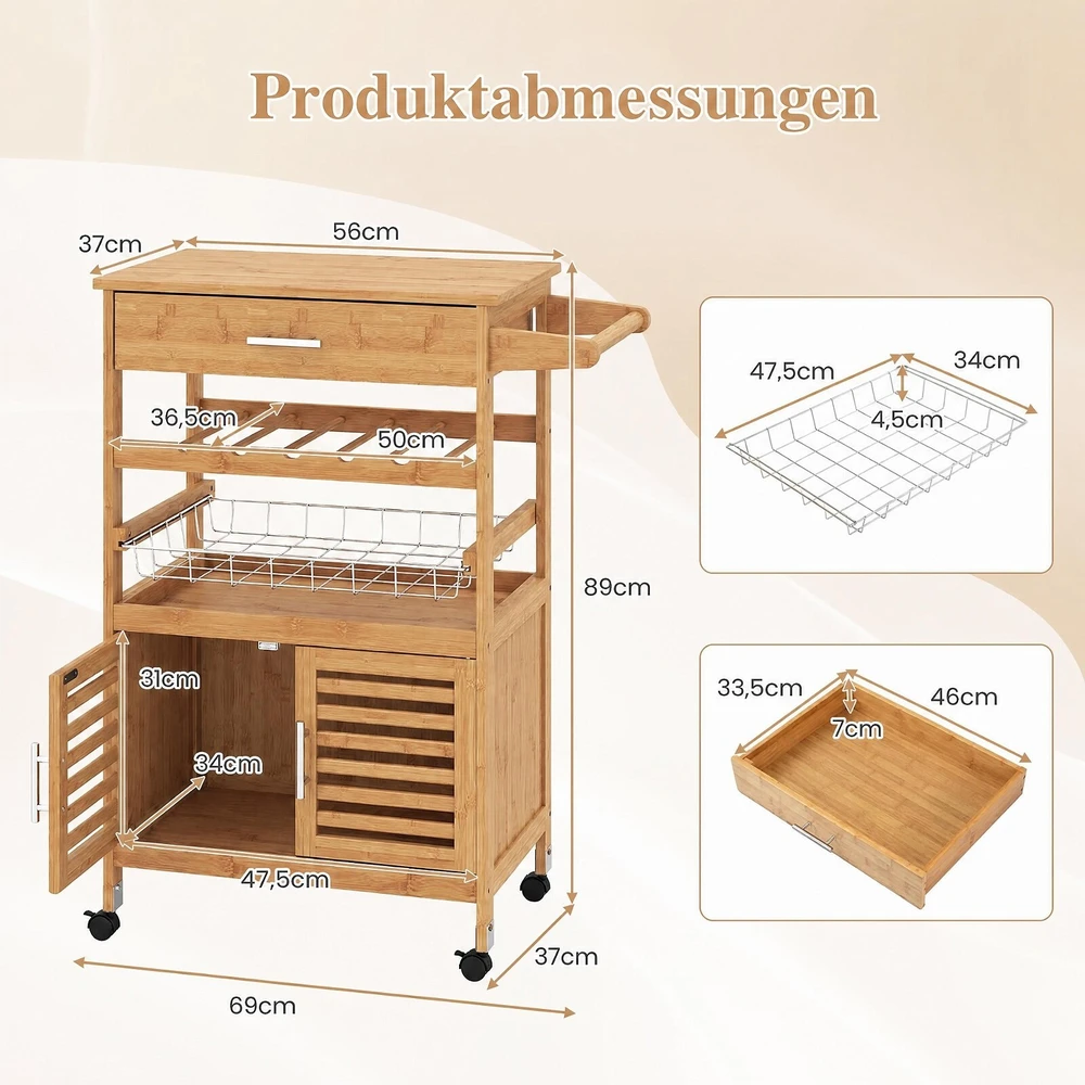 Promotion Virtuvės salelė su ratukais, bambukas ir mediena, medienos atspalvio, 68,6 x 36,8 x 88,9 cm
