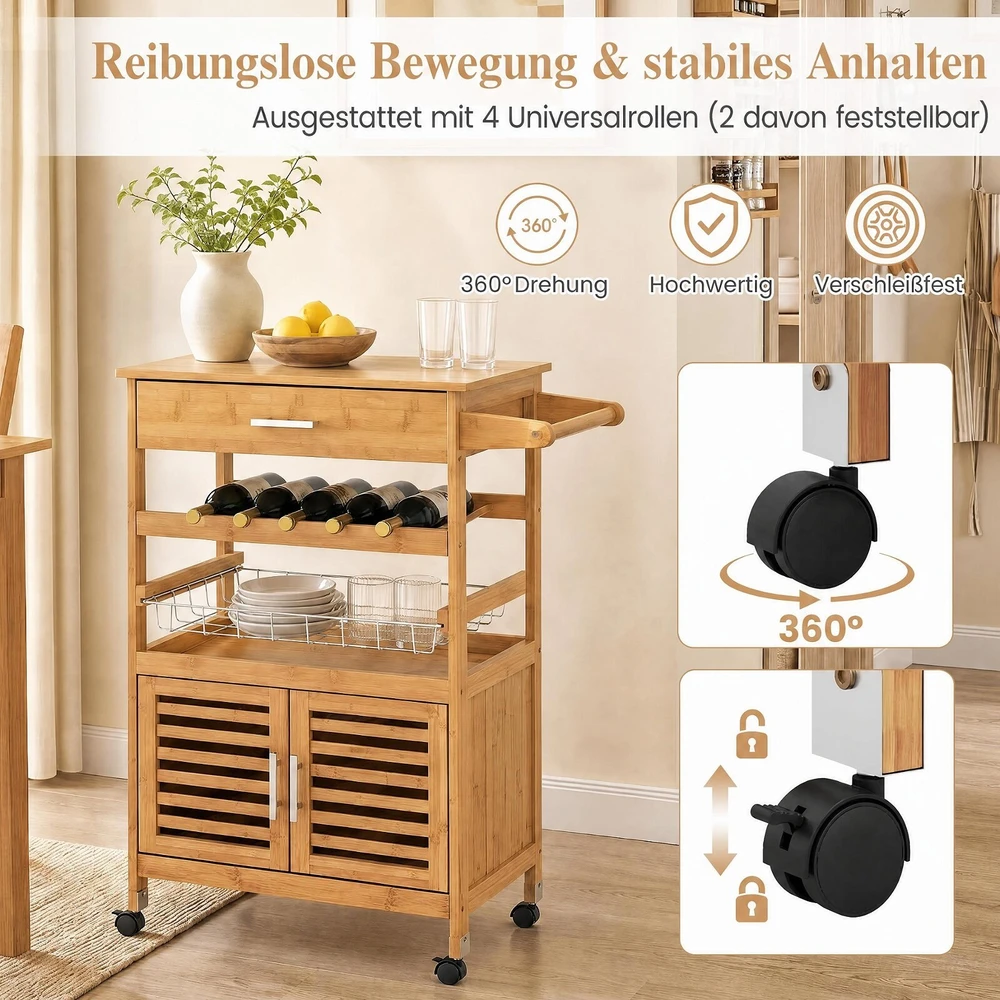 Promotion Virtuvės salelė su ratukais, bambukas ir mediena, medienos atspalvio, 68,6 x 36,8 x 88,9 cm