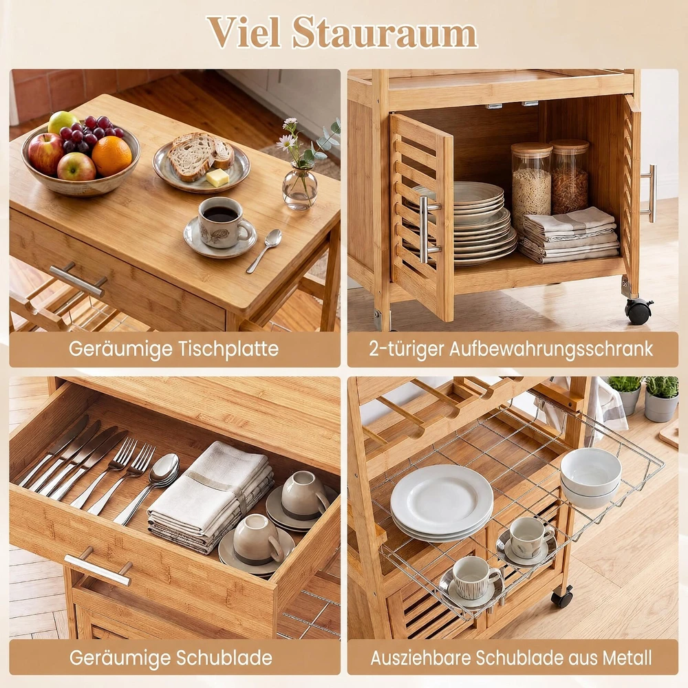 Promotion Virtuvės salelė su ratukais, bambukas ir mediena, medienos atspalvio, 68,6 x 36,8 x 88,9 cm