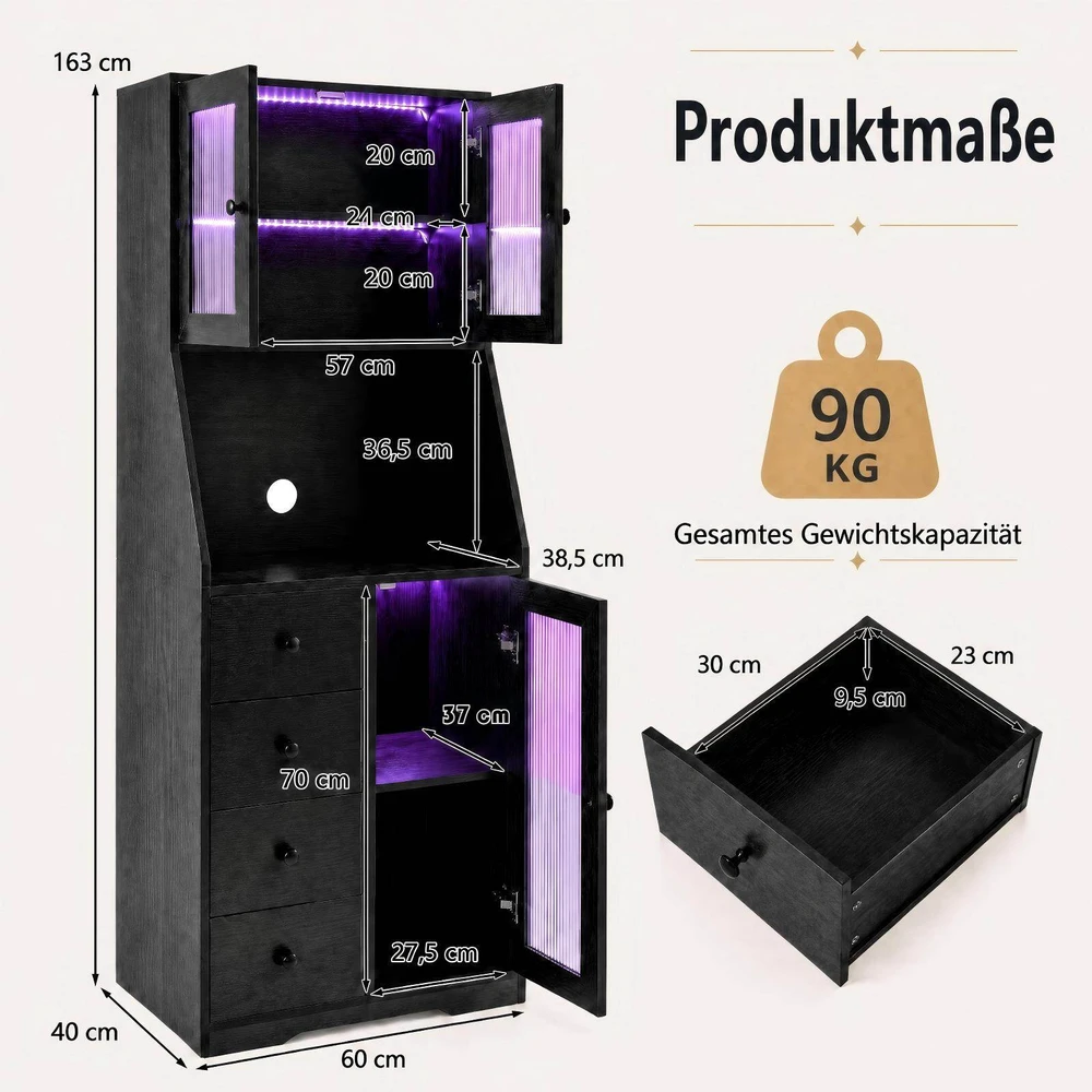Promotion Virtuvinė spintelė su durimis ir reguliuojamu LED apšvietimu, juoda, 60 x 40 x 163 cm