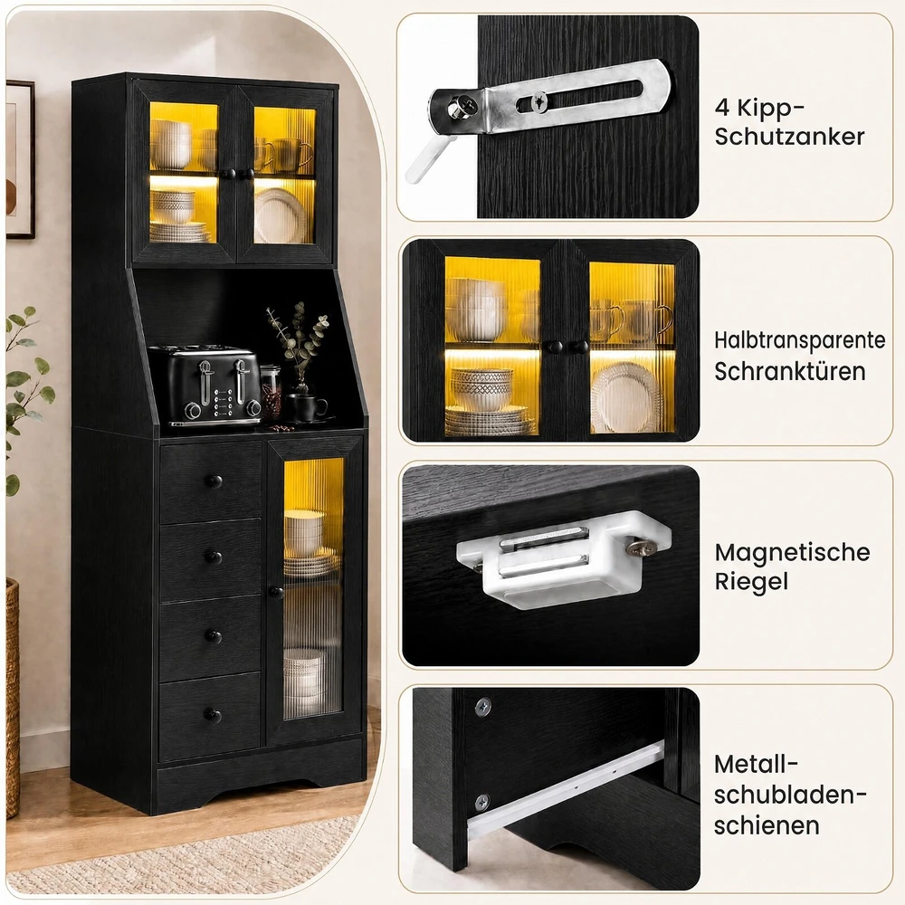Promotion Virtuvinė spintelė su durimis ir reguliuojamu LED apšvietimu, juoda, 60 x 40 x 163 cm