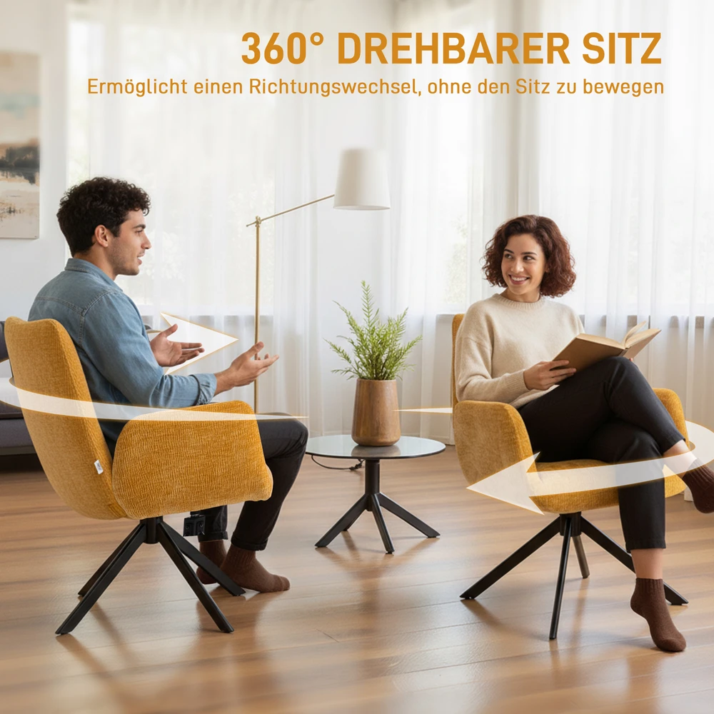 Sofa Aosom Geltonas 360° sukamas minkštas krėslas juodomis kojomis, 60 × 61 × 88 cm
