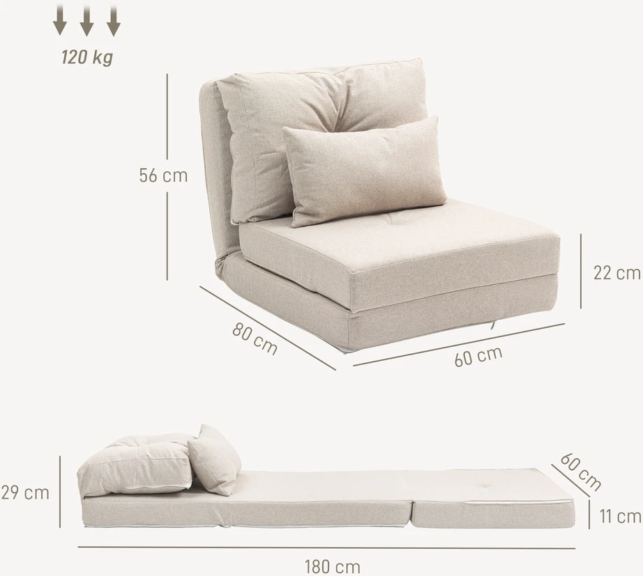Sofa Aosom Sulankstoma grindų kėdė-lova su pagalve, 2 viename, smėlio spalvos, 60 x 80 x 56 cm
