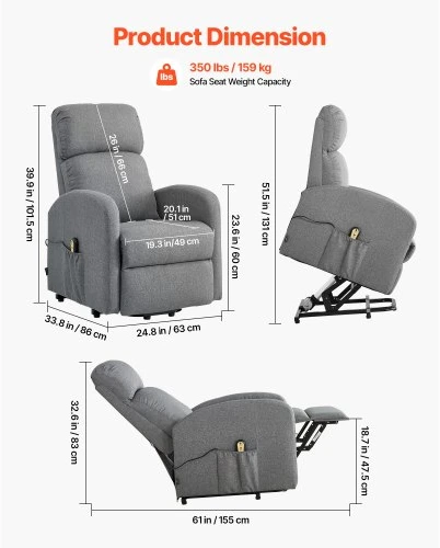 Sofa VEVOR Elektrinė pakeliama recliner kėdė SX-81742, šviesiai pilka