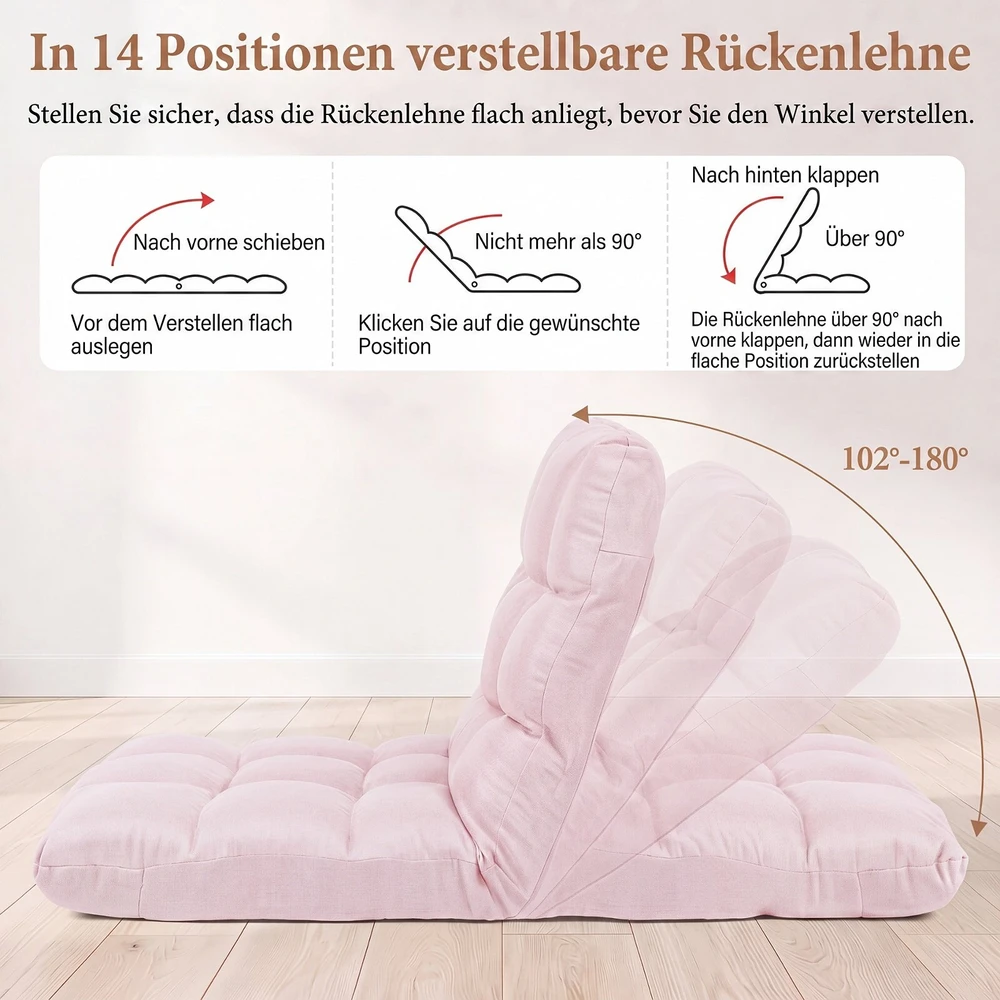 Sofa Promotion Reguliuojama sulankstoma grindų kėdė, 14 padėčių, šviesiai rožinė, 104 x 55 x 15 cm
