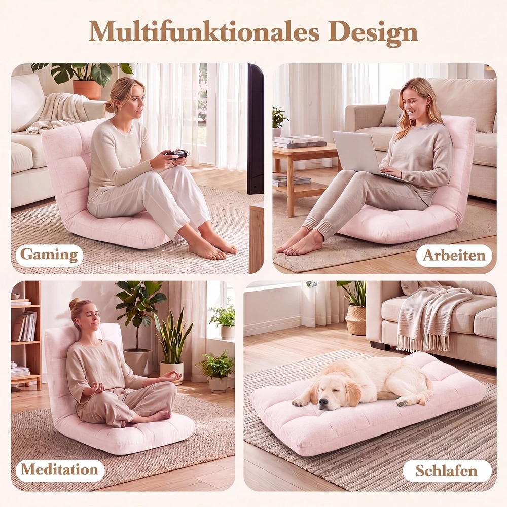 Sofa Promotion Reguliuojama sulankstoma grindų kėdė, 14 padėčių, šviesiai rožinė, 104 x 55 x 15 cm