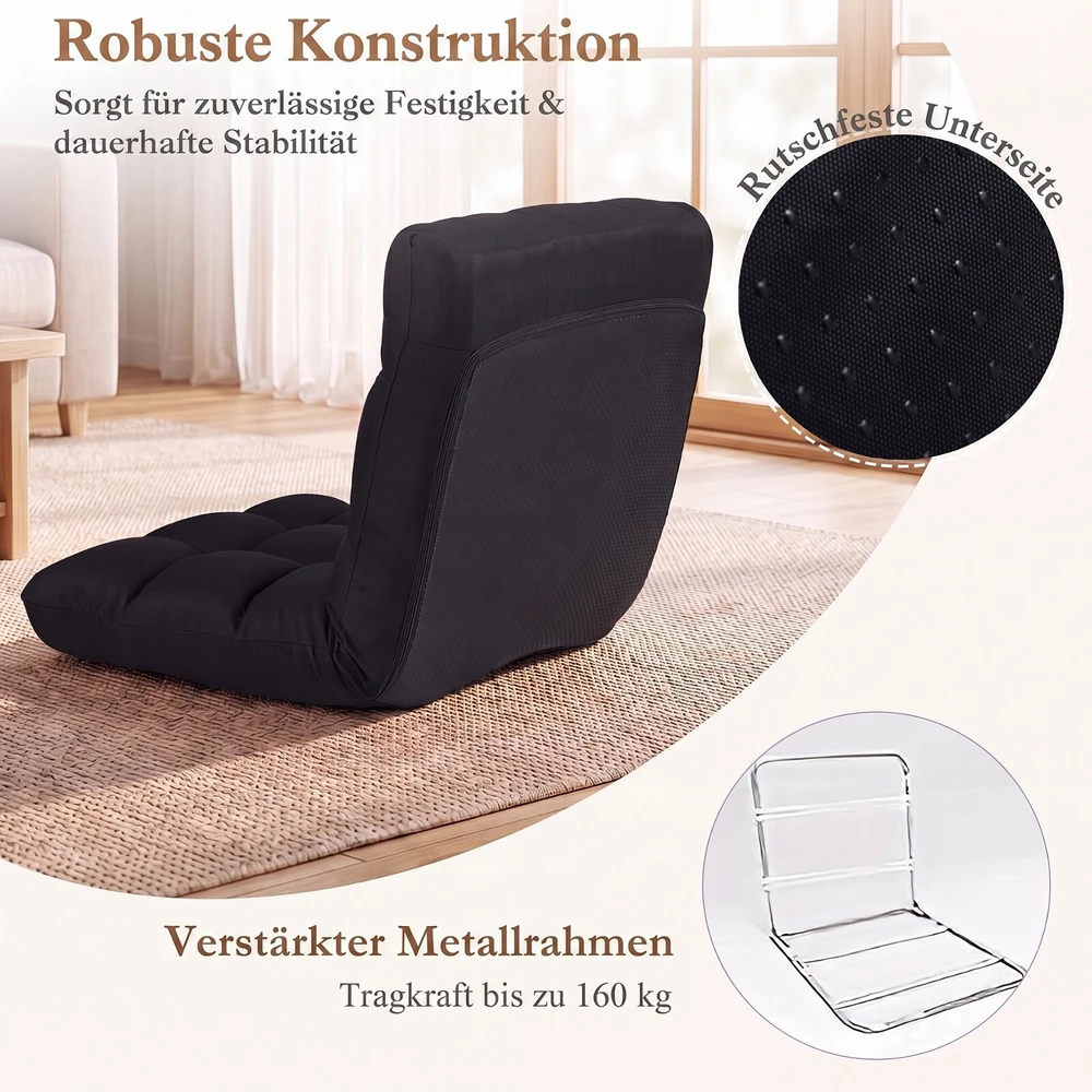 Sofa Promotion Sulankstoma grindų kėdė su reguliuojamu atlošu ir atlošimo funkcija, juoda, 61 x 54 x 56 cm