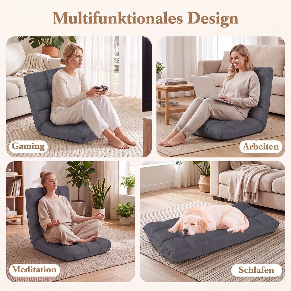 Sofa Promotion Sulankstoma grindų kėdė su reguliuojamu atlošu, pilka, 61 x 54 x 56 cm