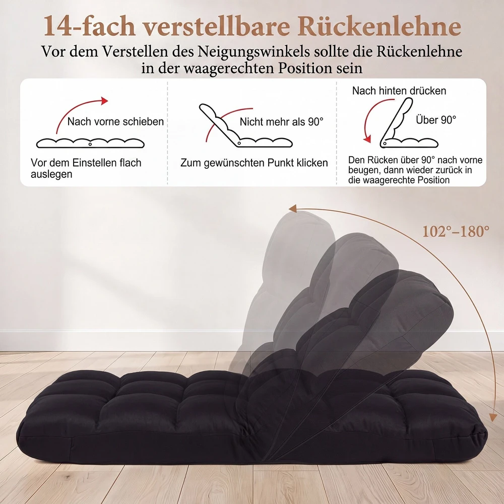 Sofa Promotion Sulankstoma grindų kėdė su reguliuojamu atlošu ir atlošimo funkcija, juoda, 61 x 54 x 56 cm