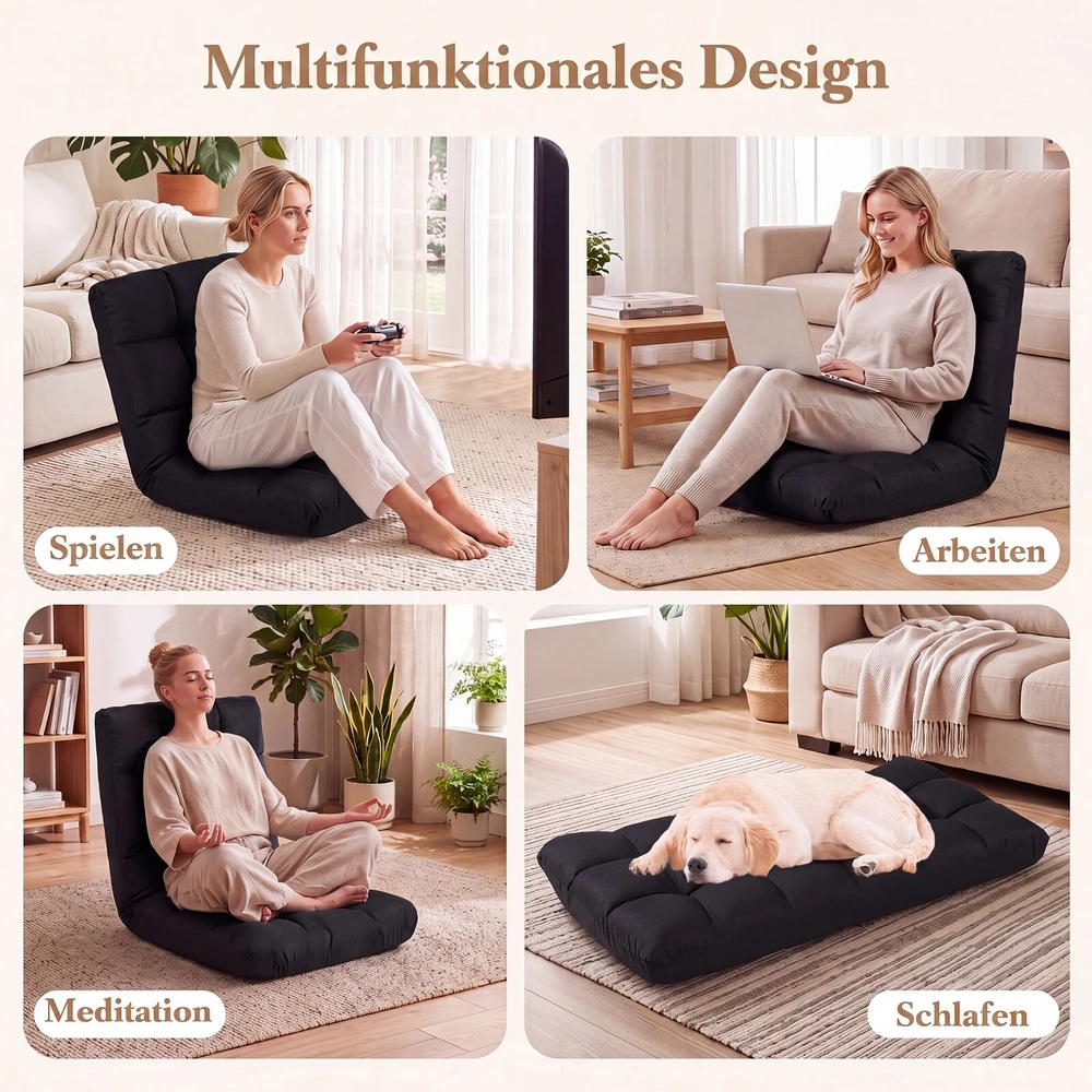 Sofa Promotion Sulankstoma grindų kėdė su reguliuojamu atlošu ir atlošimo funkcija, juoda, 61 x 54 x 56 cm