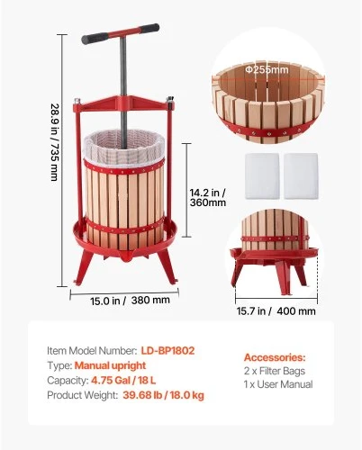 Sulčiaspaudė Koduva VEVOR vaisių ir vyno spaudykla, 18 l, rankinė, LD-BP1802