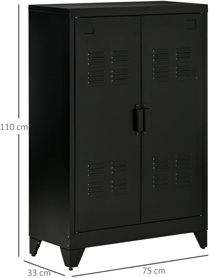 TV staliukas Aosom Metalinė daiktų laikymo spintelė su ventiliuojamomis dvivėrėmis durimis, juoda, 75 x 33 x 110 cm