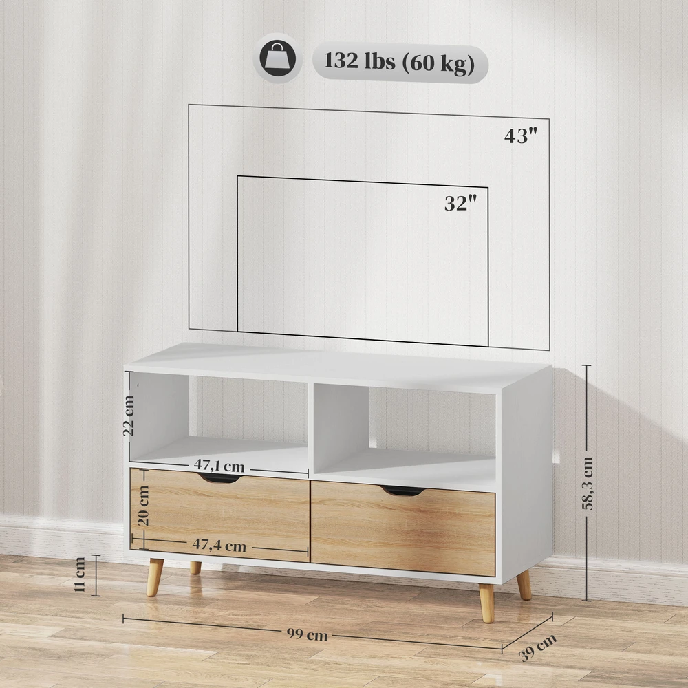 TV staliukas Aosom TV spintelė su stalčiais ir atviromis lentynomis, balta, 99 x 39 x 58,3 cm