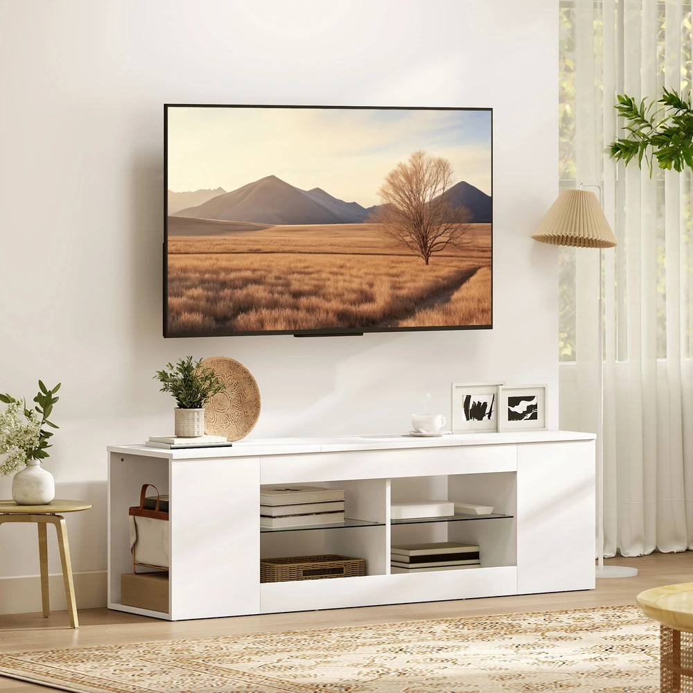 TV staliukas Aosom 140 cm TV stovas, balta, 6 skyriai, 2 stiklinės lentynos, medžio drožlių plokštė