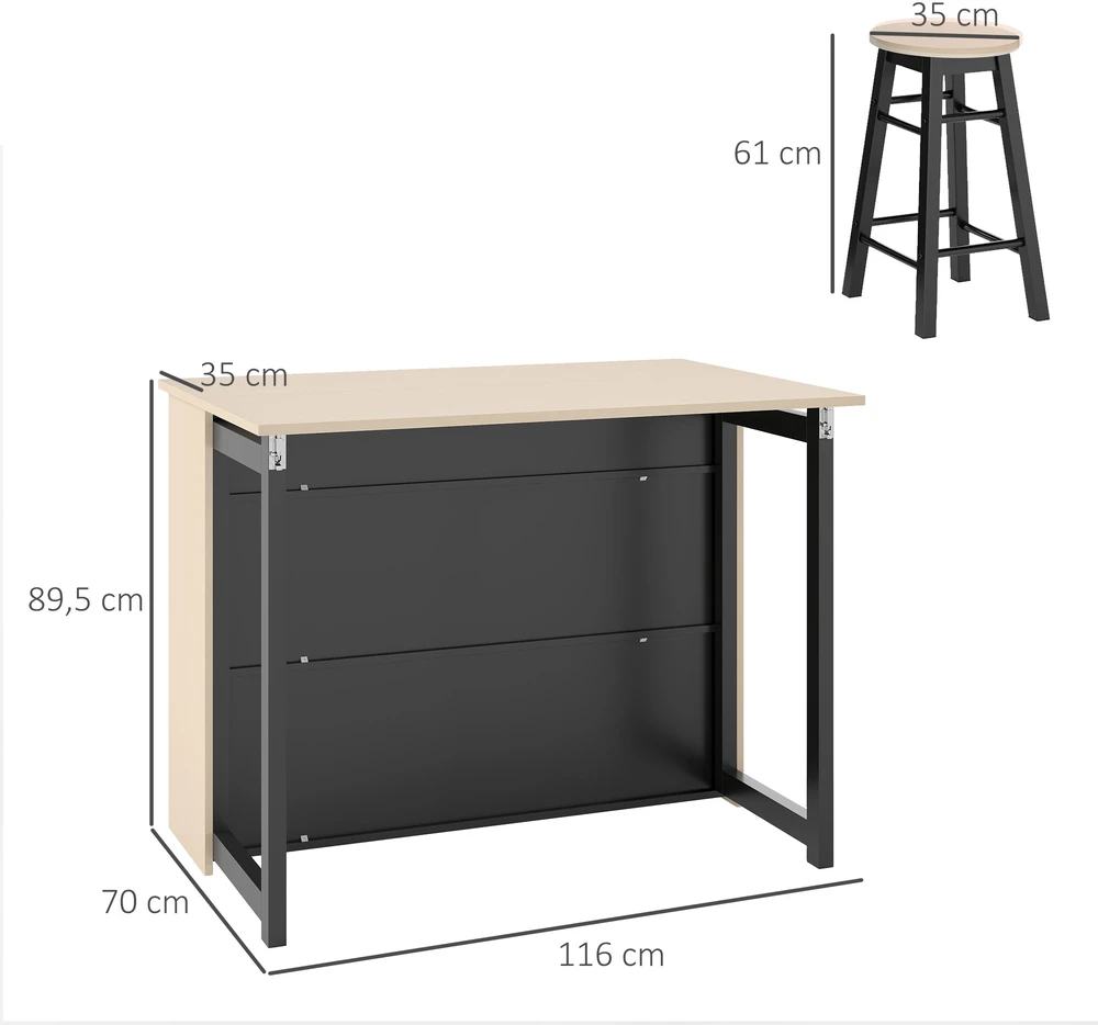 TV staliukas Aosom 3 dalių baro stalo komplektas, sulankstomas stalviršis, 2 baro taburetės, juodas ąžuolas, 116 x 70 x 89,5 cm