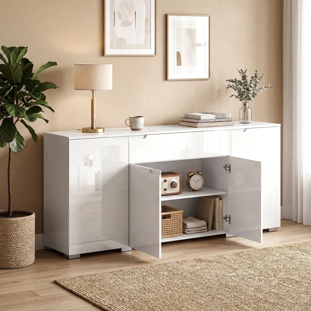 TV staliukas Aosom Blizgus baltas sideboardas, moderni komoda su 4 durimis, reguliuojamomis lentynomis ir soft-close funkcija, 180 x 40 x 80 cm