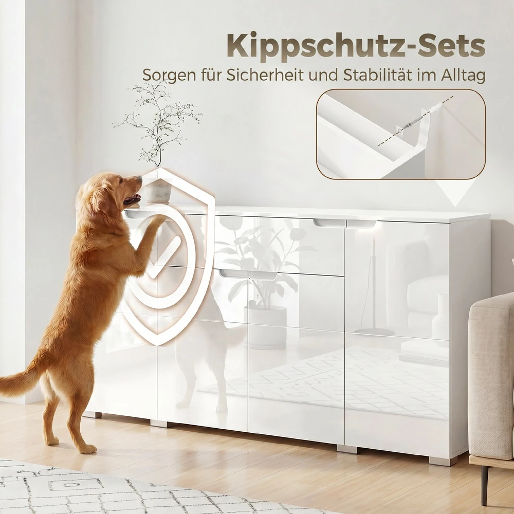 TV staliukas Aosom Blizgus baltas sideboardas, moderni komoda su 4 durimis, reguliuojamomis lentynomis ir soft-close funkcija, 180 x 40 x 80 cm