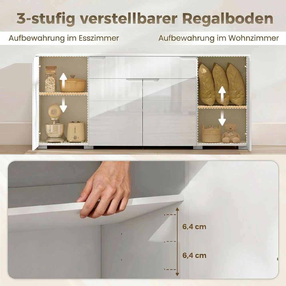TV staliukas Aosom Blizgus baltas sideboardas, moderni komoda su 4 durimis, reguliuojamomis lentynomis ir soft-close funkcija, 180 x 40 x 80 cm
