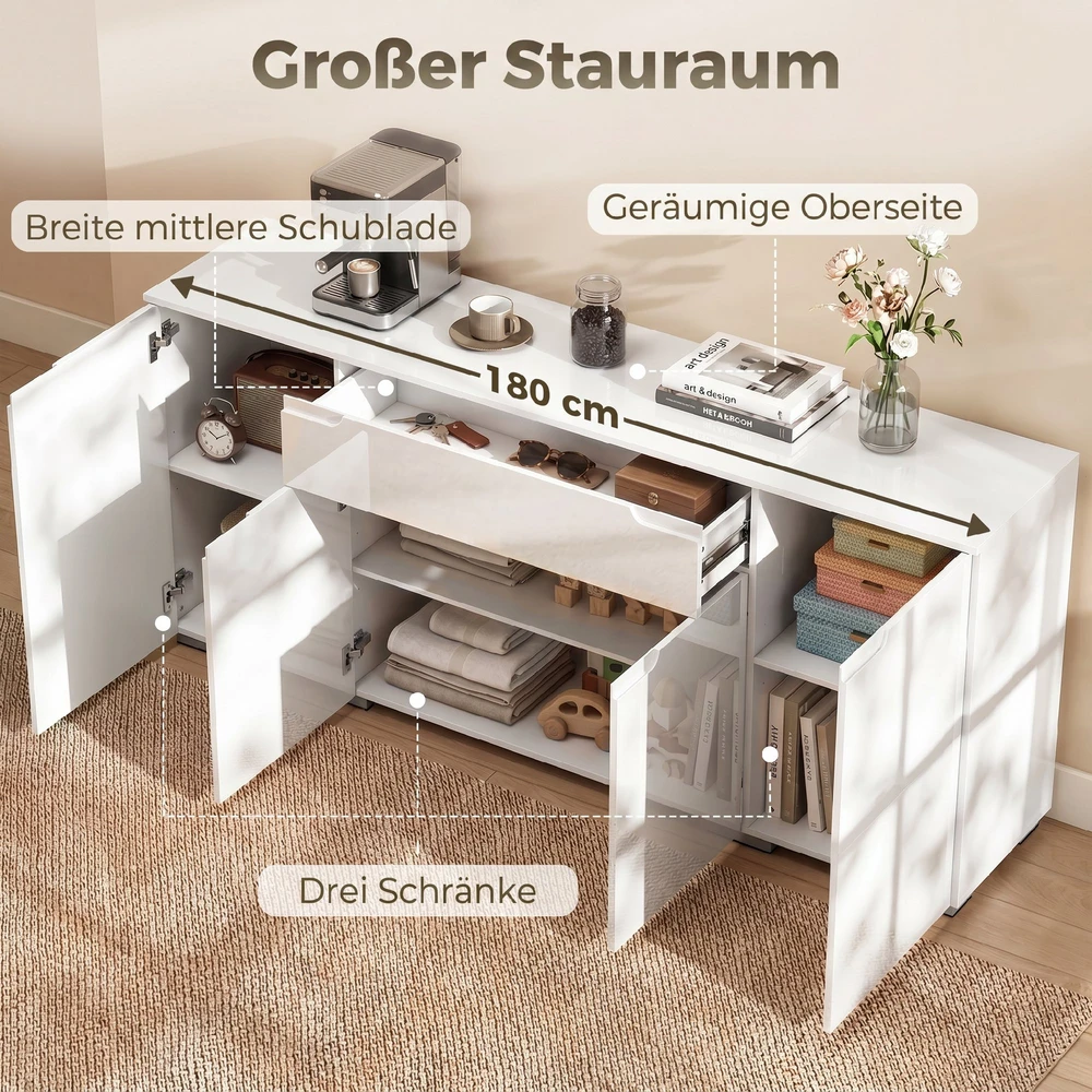 TV staliukas Aosom Blizgus baltas sideboardas, moderni komoda su 4 durimis, reguliuojamomis lentynomis ir soft-close funkcija, 180 x 40 x 80 cm