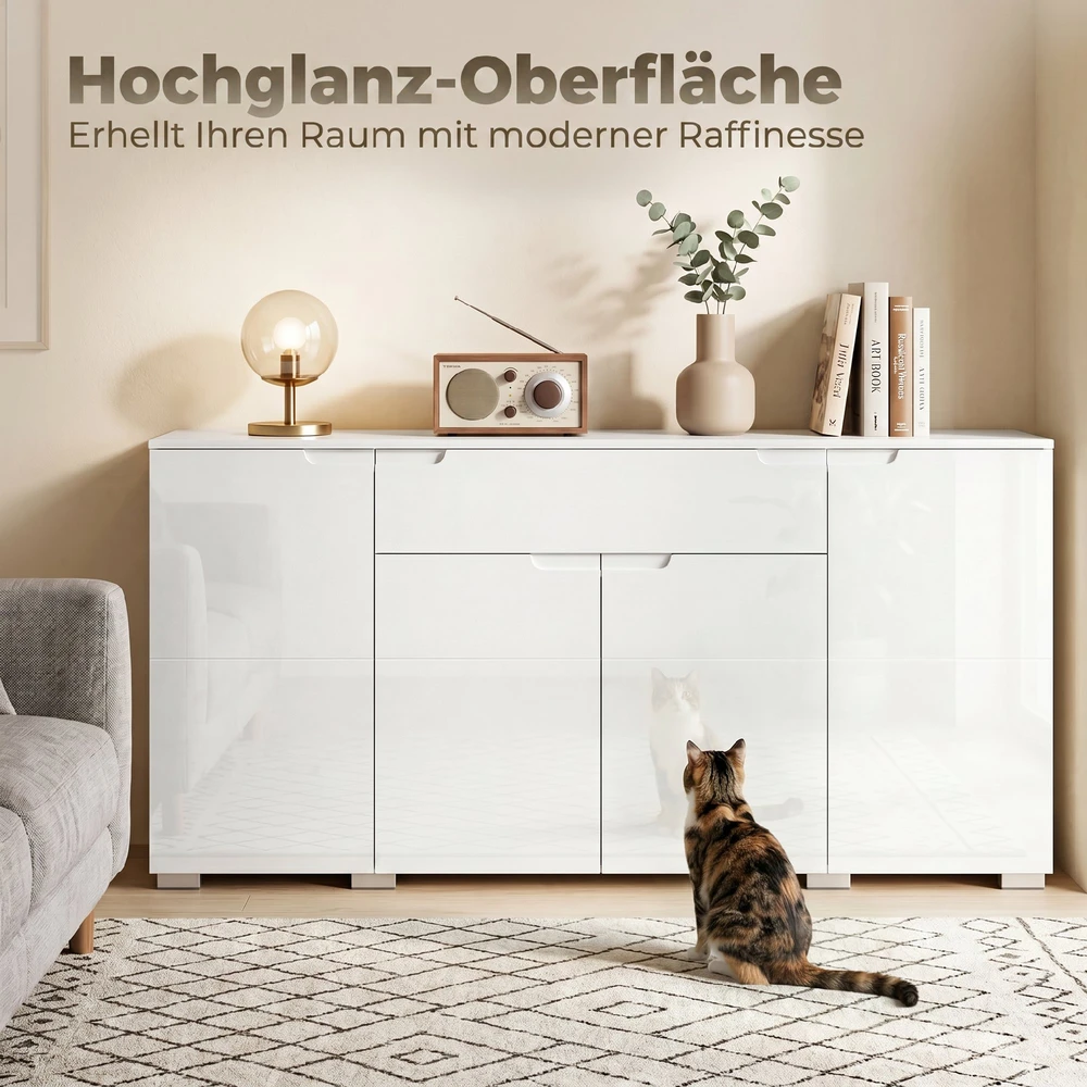 TV staliukas Aosom Blizgus baltas sideboardas, moderni komoda su 4 durimis, reguliuojamomis lentynomis ir soft-close funkcija, 180 x 40 x 80 cm