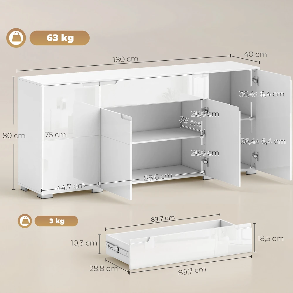 TV staliukas Aosom Blizgus baltas sideboardas, moderni komoda su 4 durimis, reguliuojamomis lentynomis ir soft-close funkcija, 180 x 40 x 80 cm