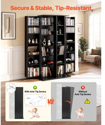 TV staliukas Koduva DVD ir CD spintelė VEVOR KLDS-08, 6 aukštų, juoda, 61 x 37 x 127 cm