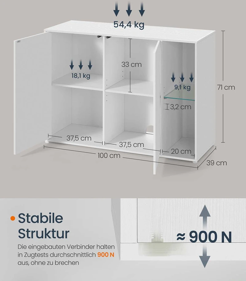 TV staliukas Songmics Indauja su apšvietimu, balta, medžio drožlių plokštė/MDF/stiklas, 39 x 100 x 71 cm