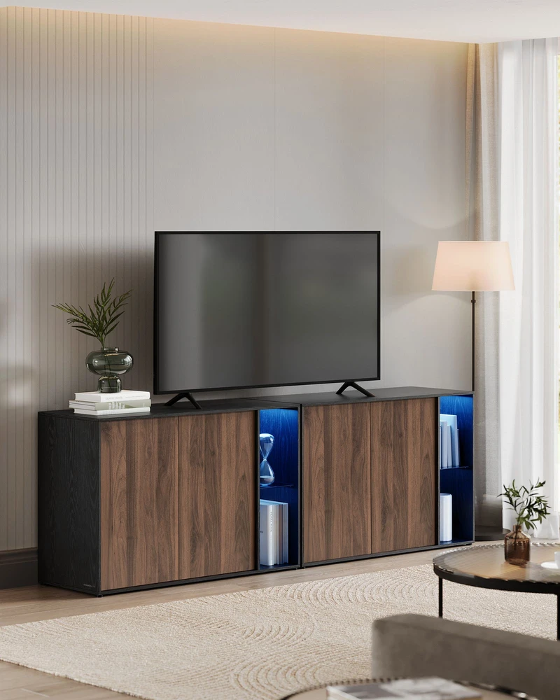 TV staliukas Koduva Indauja su apšvietimu, 39 x 100 x 71 cm, medžio drožlių plokštė, MDF ir stiklas